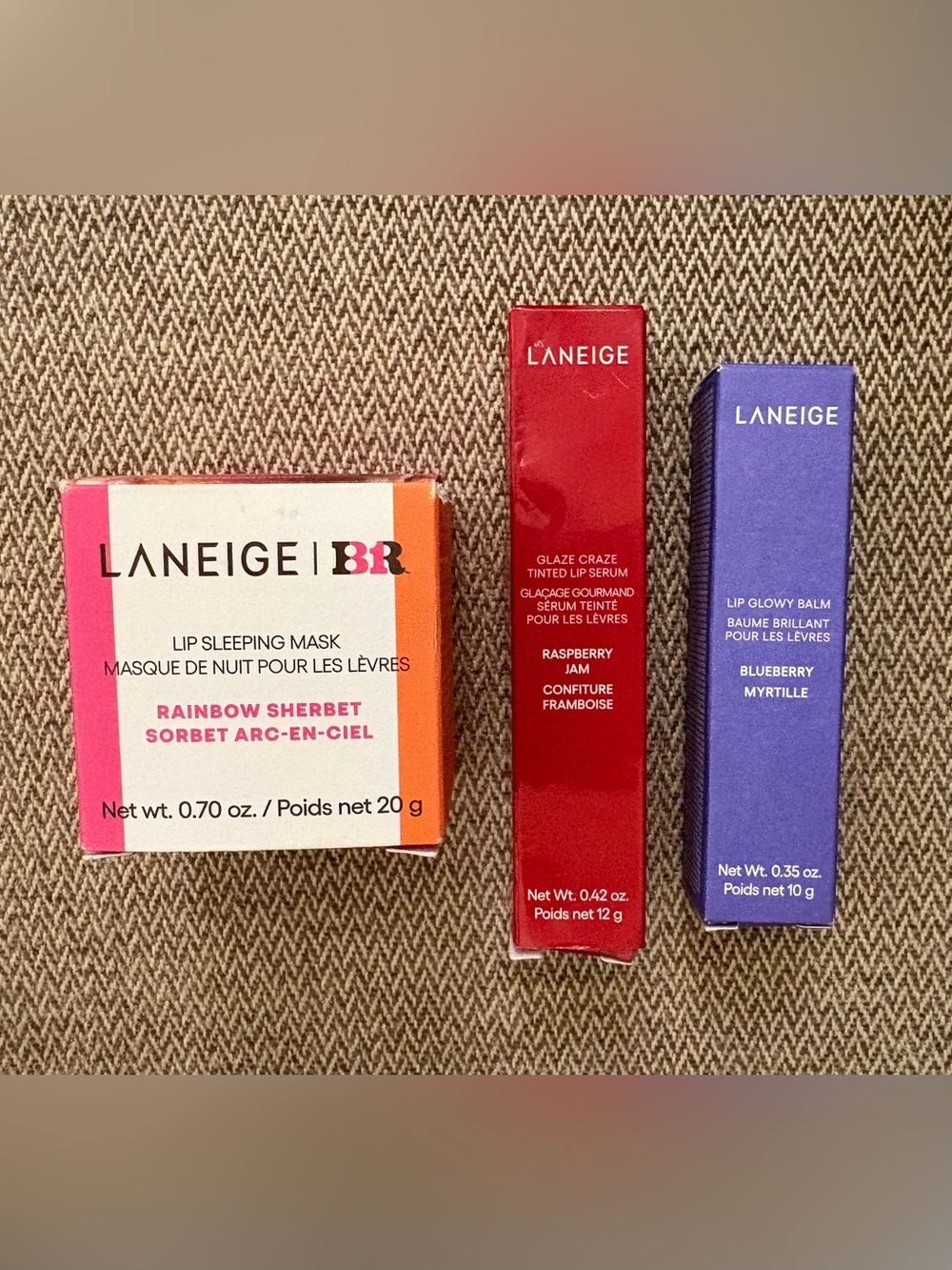 LANEIGE Lip Mask Rainbow Sherbet, Glaze Craze Raspberry Jam,Glowy Balm Blueberry